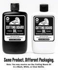 Two bottles of Food Safe Cutting Board Oil For Wood Butcher Block Kitchen Workhorse 8 Oz Bottle With Beeswax Fractionated Coconut Oil Mineral Oil And Vitamin E Easy To Apply FDA Compliant For Food Contact And Proudly Made In The USA in black and white packaging.