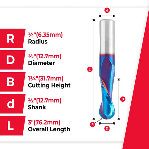 Solid Carbide Up Cut Ball Nose Router Bit Half Inch Diameter, One And A Quarter Inch Cut Length, Half Inch Shank For Wood, Plastic, MDF And Foam, Spektra Extreme Tool Life Coated, Model 46380K, Made In USA, with dimensions shown.