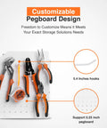 Power Tool Organizer Wall Mount 3 Layer Heavy Duty Cordless Tool Organizer With 4 Drill Hangers Modular Battery Tool Rack For Garage And Workshop Pegboard Storage Space with pliers and tape measure on customizable pegboard.