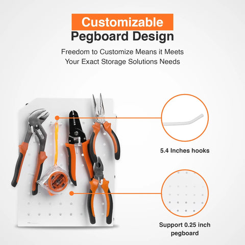 Power Tool Organizer Wall Mount 3 Layer Heavy Duty Cordless Tool Organizer With 4 Drill Hangers Modular Battery Tool Rack For Garage And Workshop Pegboard Storage Space with pliers and tape measure on customizable pegboard.