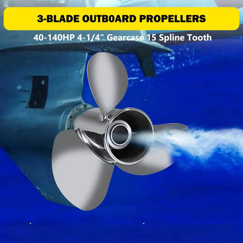 Stainless Steel Outboard Boat Propeller 13x21 For Mercury 40-140HP Engines, 3 Blade, Right Hand Rotation, 15 Tooth Hub visible underwater