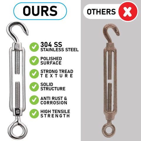 Comparison of turnbuckles, highlighting features of 304 stainless steel Turnbuckle Wire Tensioner Kit for cable railing.
