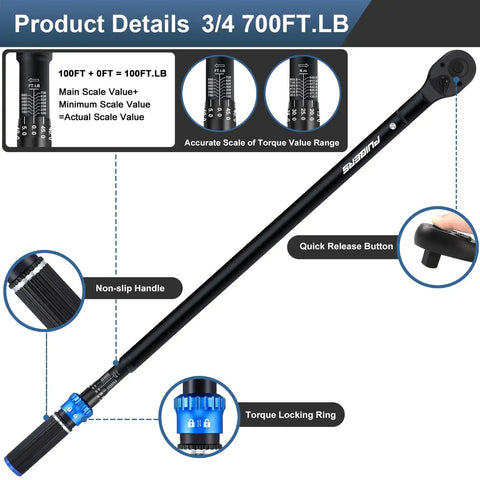 Beefy 3/4 Inch Torque Wrench, Adjustable 100 To 700 Ft-Lb, Dual Direction With 48-Tooth Gear, Pro Grade Tool For Cars Trucks Tractors, High Precision About Three Percent, black handle