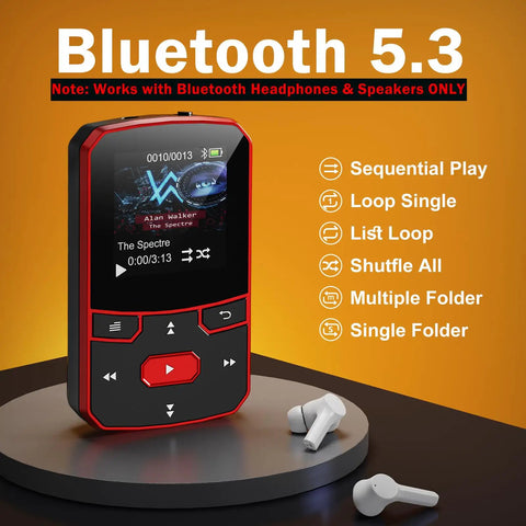 64GB Clip MP3 Player With Bluetooth Five Point Three For Running Voice Recorder FM Radio AB Repeat Shuffle shown with earbuds