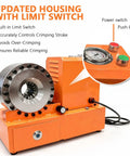 Top Notch Portable Electric Hydraulic Hose Crimper Machine With Limit Switch And Updated Housing shows crimping tool with pressure gauge and limit switch.