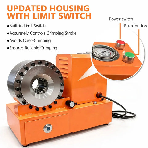 Top Notch Portable Electric Hydraulic Hose Crimper Machine With Limit Switch And Updated Housing shows crimping tool with pressure gauge and limit switch.