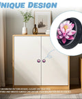 Close-up of Crystal Glass Cabinet Knob With Lotus Flower Design And Mushroom Drawer Pulls on modern white cabinet.