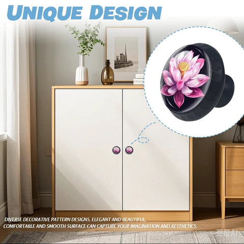 Close-up of Crystal Glass Cabinet Knob With Lotus Flower Design And Mushroom Drawer Pulls on modern white cabinet.