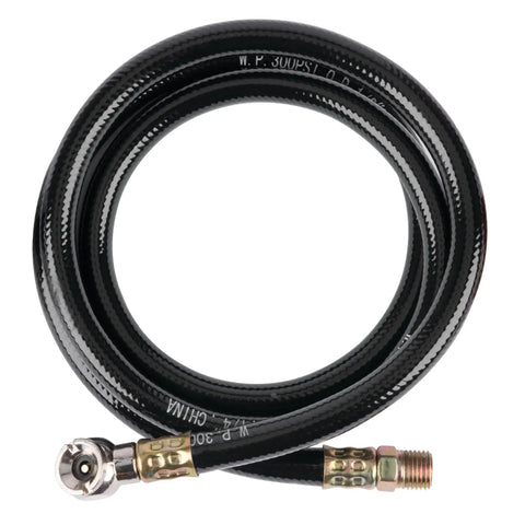 Four Ft Rugged Pvc Air Hose With Snap On Tire Chuck Rated At Three Hundred Psi For Everyday Yard Work And Garage Hacks Kink Resistant Grip Safe Ultra Flex Line, coiled with brass fittings.