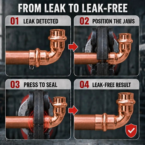 Image showing steps to use 21V Brushless Electric Pipe Press Tool For Copper Pipes, Heavy Duty Hydraulic Crimper For Plumbing.