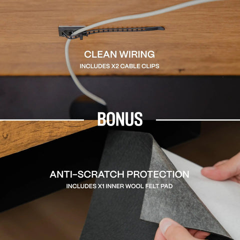 Level Up Your Desk Setup With This Solid Carbon Steel Undermount Drawer Attachment showing clean wiring with cable clips and anti-scratch felt pad.