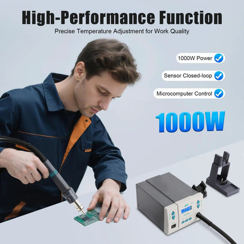 Person using 1000W Hot Air Rework Station With Digital Display, 212 to 932°F Temperature Range, 1 to 120 Level Air Flow, 3 Customizable Channels