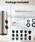 Package components for Heavy Duty Stainless Steel Kitchen Faucet Head Replacement including sprayer, adapters, and tools.