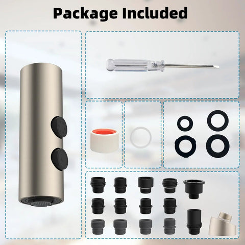 Package components for Heavy Duty Stainless Steel Kitchen Faucet Head Replacement including sprayer, adapters, and tools.