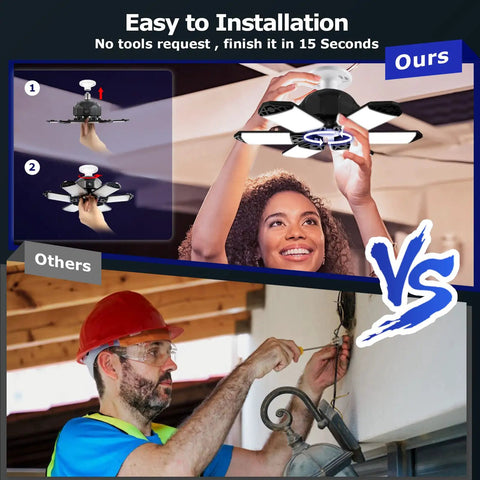 Person installing Led Garage Lights Motion Activated With 150W Deformable Shop Lights 18500 Lumens, comparison to wiring setup.