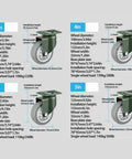 Mavvilo Heavy-Duty 3-Inch Swivel Caster Wheels for Furniture & Industrial Use Durable specifications and dimensions chart.