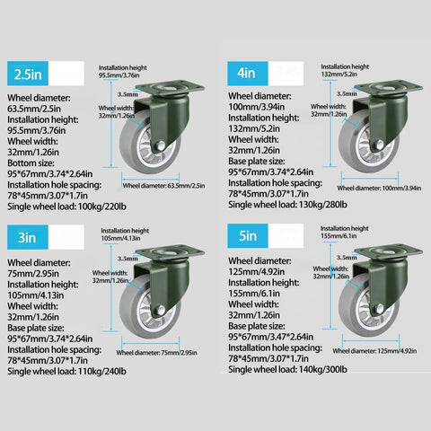 Mavvilo Heavy-Duty 3-Inch Swivel Caster Wheels for Furniture & Industrial Use Durable Steel Plate Bracket detailed specifications chart
