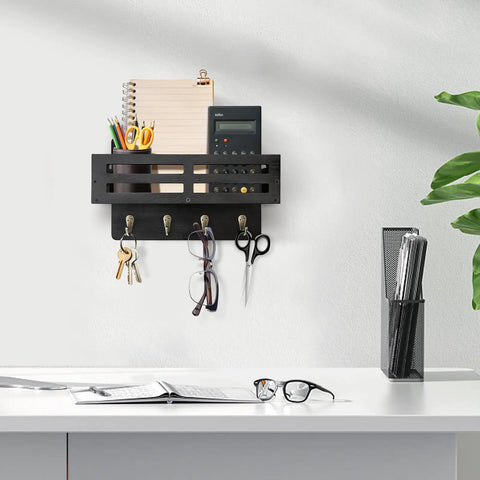 Straight Up Solid Wood Wall Key Holder 10 Inch Decorative Mail Organizer With Four Heavy Duty Hooks For Effortless Entryway Setup And No Sweat Home Organization Black