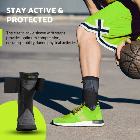Man wearing 360 Degree Ankle Brace With Adjustable Straps For Men And Women One Size Fits Most Compression Foot Sleeve playing basketball