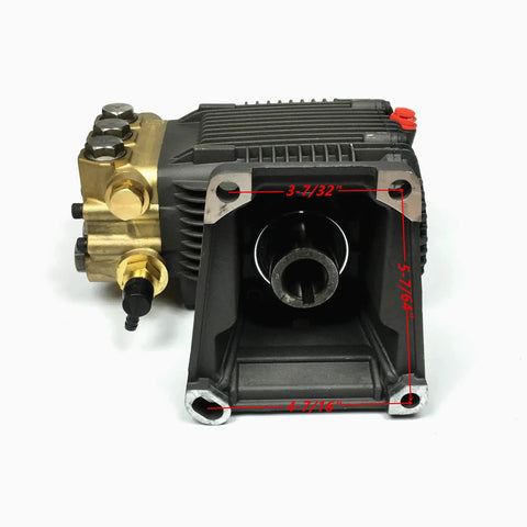 Horizontal Shaft Pressure Washer Pump 1 Inch Inlet For Honda GX340 GX390 Engines Beefy 3600 PSI Four Point Seven Six GPM Triplex High Pressure Pump Replaces Cat General AR, showing front inlet view with measurements.