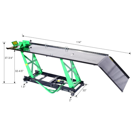Heavy Duty Hydraulic Motorcycle Lift With A Badass 1000 Lb Load Rating And Smooth Cranking Hoist Jack Stand For Garage Repairs Plus Adjustable Mobile Ramp In Bright Green