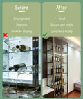 Before and after using Heavy Duty Brass Shelf Rails 2 Pack With Tipping Spindles For Bookcase Shelves 74 Inch Long Solid Brass Burr Free Smooth Finish Built To Last DIY Friendly Easy Install Perfect For Wet Kitchens And Bathrooms showing disorganized and broken glass then neat bottles secured.