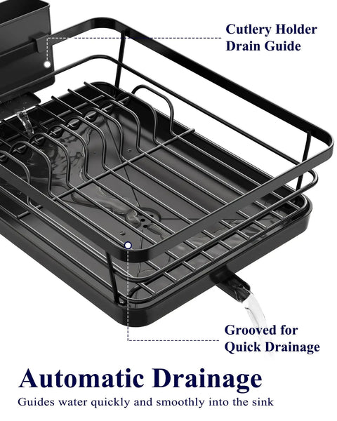Close-up of Compact Dish Drying Rack For Kitchen Counter Black with drain guide and grooves for automatic drainage.