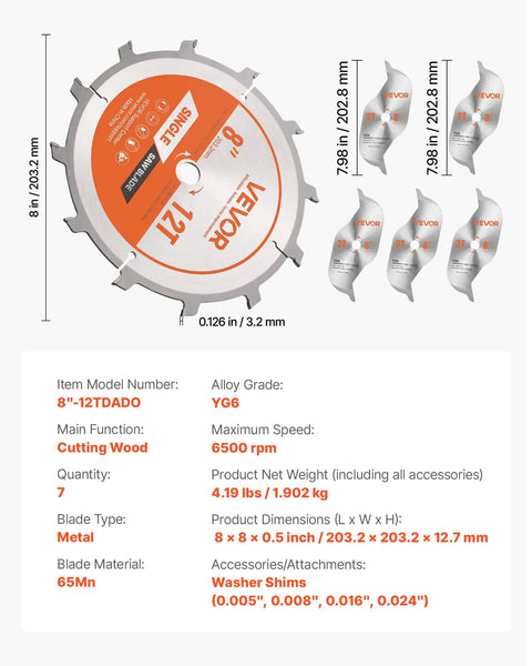 Dado Blade Set For Woodworking With 8 Inch Outside Blades, Five Eighths Inch Arbor, includes single blade and four shims