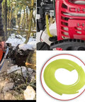 Four Size Fuel Line Hose Kit For Small Engines includes hose attached to chainsaw, red engine, coiled replacement hose