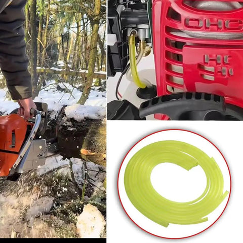 Four Size Fuel Line Hose Kit For Small Engines includes hose attached to chainsaw, red engine, coiled replacement hose