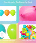 Step-by-step guide for assembling Hawaiian Summer Balloon Arch Kit with 129 pieces in hot pink, teal blue, lime green, yellow, orange, and confetti.