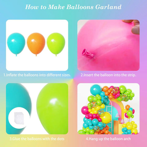 Step-by-step guide for assembling Hawaiian Summer Balloon Arch Kit with 129 pieces in hot pink, teal blue, lime green, yellow, orange, and confetti.