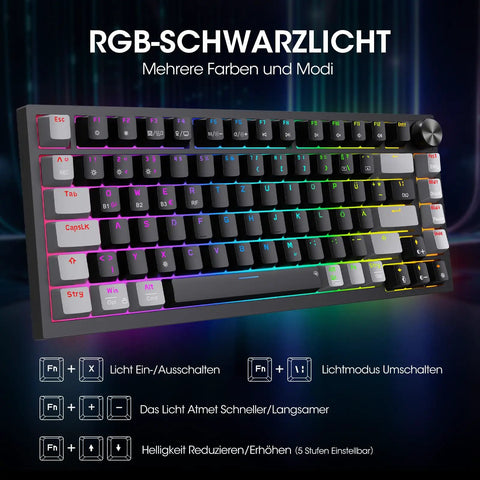 Slick Tri Mode Mechanical Keyboard With Snappy Blue Switches, Wireless Bluetooth And Fast Wired Connection, Clean 82 Key Profile, Hype Rgb Lighting, Beast Mode Battery Power For Serious Typing And Gaming, RGB backlighting with multiple effects.