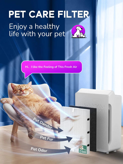 C545 Replacement Filter S For Winix Air Purifiers 3 Pack next to relaxed cat, showing dander reduction benefits