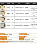 JUDYSSY 200-800W Outdoor Solar Led Floodlight specifications table showing sizes and capacities for various wattages.