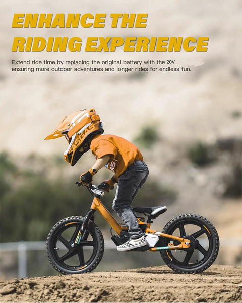 Child riding Stacyc 16-inch electric balance bike with Battery Adapter Kit For Stacyc 12 And 16 Inch Electric Balance Bikes With DeWalt 20V