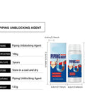 Packaging of piping unblocking agent with specifications and dimensions next to a bottle with a blue label and white cap