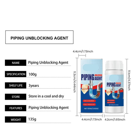 Packaging of piping unblocking agent with specifications and dimensions next to a bottle with a blue label and white cap