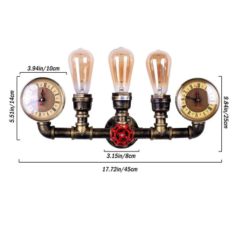 Three Lights Water Tube Wall Sconce With Retro Industrial Steampunk Style Antique Bronze Finish Red Valve Wheel Dual Roman Numeral Clocks Sturdy Metal Build Vintage Vibe For Hallway Living Room