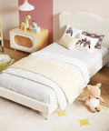 Super Chill Ultra Tough Twin Bed Frame For Kids Room Totally Comfy Berber Fleece Upholstery High Density Sponge Pad Easy Setup Low Rise Platform With Cool Beige, cozy design with soft headboard and plush bedding.