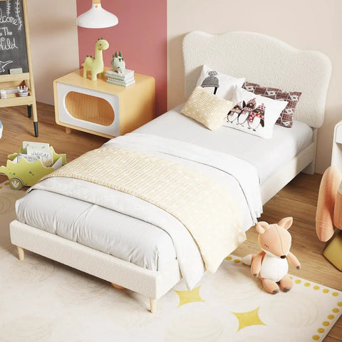 Super Chill Ultra Tough Twin Bed Frame For Kids Room Totally Comfy Berber Fleece Upholstery High Density Sponge Pad Easy Setup Low Rise Platform With Cool Beige, cozy design with soft headboard and plush bedding.