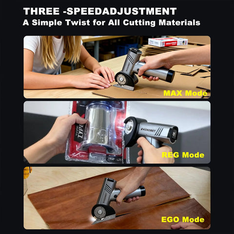 KOKOBET cordless cutting tool with LED display, silver, brushless motor, 3 tungsten blades for cardboard and fabric.