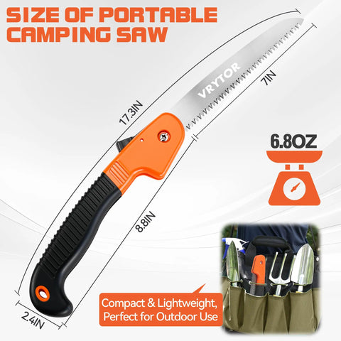 Heavy Duty 7 Inch Folding Pruning Saw With Safety Hand Guard For Quick Tree Trimming And Limb Cutting, showing size dimensions.