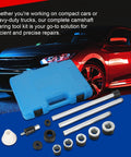 Cam Bearing Removal And Installation Tool Set for 1-1/8 to 2-2/3 inch camshaft bearings with blue case, steel rods and adapters.