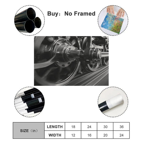Speeding Steam Locomotive Wheels Black And White Transport Canvas Poster for Living Room and Bedroom Decor Unframed 24x36 Inch