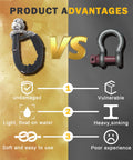 Comparison of a Soft Shackle 0.5 Inch by 22 Inch With 56,000 Lbs Break Strength and a metal shackle highlighting product advantages.