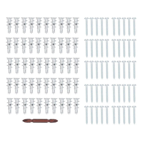 Beefy Hollow Wall Anchors Kit With 50 Zinc Drywall Anchors, 50 Screws, And Drill Bits Self Drilling, Tough Mounts For Pics, Shelves, Artwork, And Hollow Doors, Includes Reusable Storage Box: anchors, screws, and bit laid out