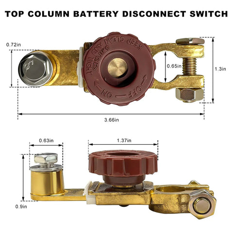 Heavy Duty Top Post Battery Disconnect Switch 12V 125A Quick Cut Off Master Isolator with dimensions showing sturdy design.