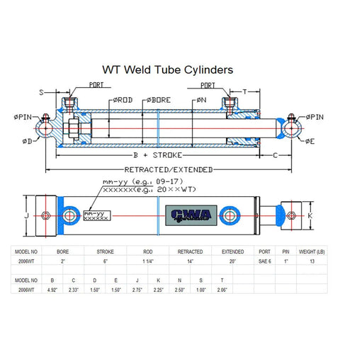 Technical diagram of Weld Cross Tube Hydraulic Cylinder With 2 Inch Bore 6 Inch Stroke 1 1 Quarter Inch Rod SAE 6 Port 3000 PSI