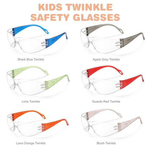 Kid Friendly 24 Pack Safety Glasses With Clear Lenses, Scratch Resistant, Assorted Twinkle Color Frames, 99% UV Protection